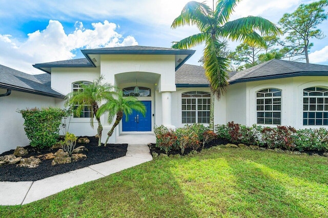 view of exterior entry with a lawn