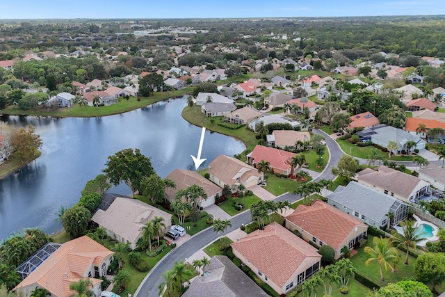 drone / aerial view featuring a water view