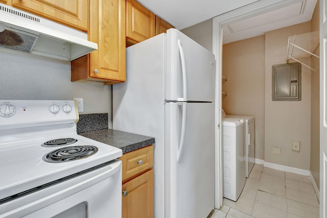 kitchen featuring white appliances, electric panel, separate washer and dryer, range hood, and light tile patterned flooring