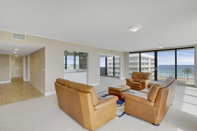 carpeted living room with expansive windows, a wealth of natural light, and a water view