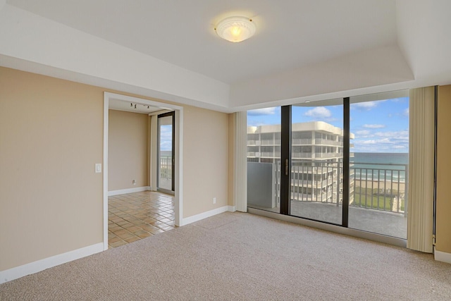 carpeted spare room featuring a water view and a raised ceiling