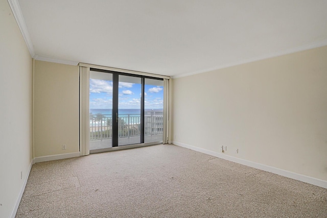 unfurnished room featuring carpet, a water view, expansive windows, and ornamental molding