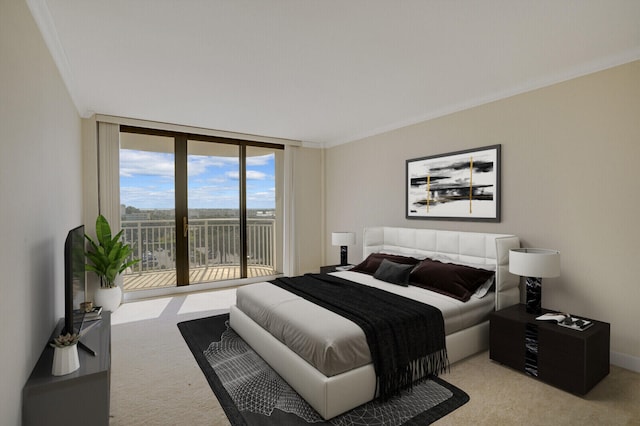 bedroom with access to outside, light carpet, crown molding, and expansive windows