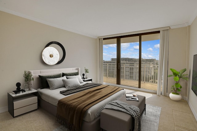 carpeted bedroom with expansive windows, crown molding, and access to outside