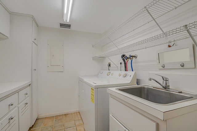 laundry room featuring cabinets, sink, electric panel, and washing machine and clothes dryer