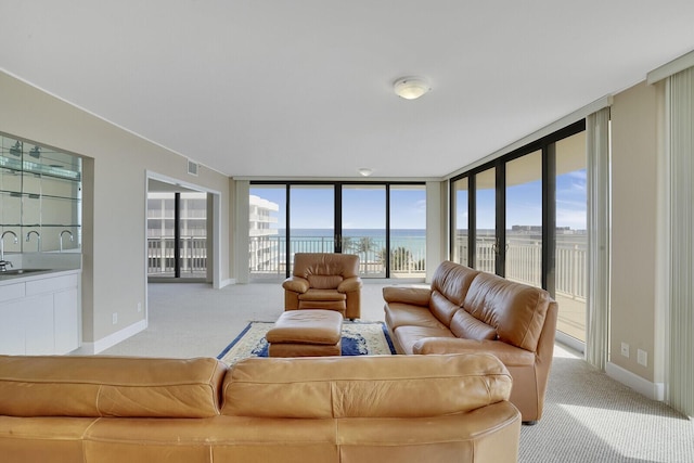 living room featuring sink, a water view, light colored carpet, and a wall of windows