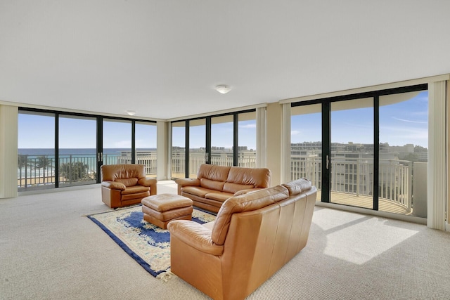 living room with light carpet, a water view, expansive windows, and a healthy amount of sunlight