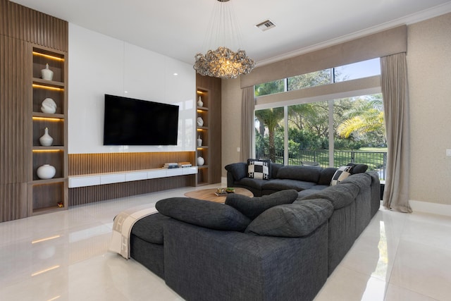 living area featuring light tile patterned floors, built in shelves, ornamental molding, and visible vents