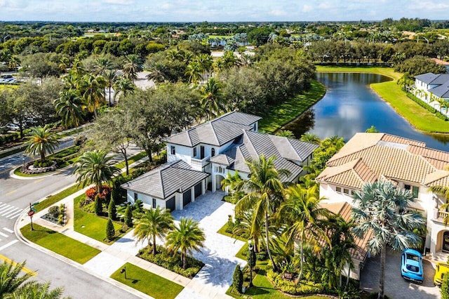 drone / aerial view featuring a water view