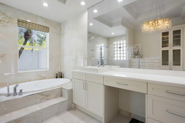 full bath with tile walls, ornamental molding, vanity, tiled shower, and a bath