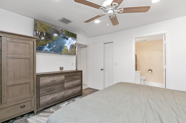 bedroom with connected bathroom and ceiling fan