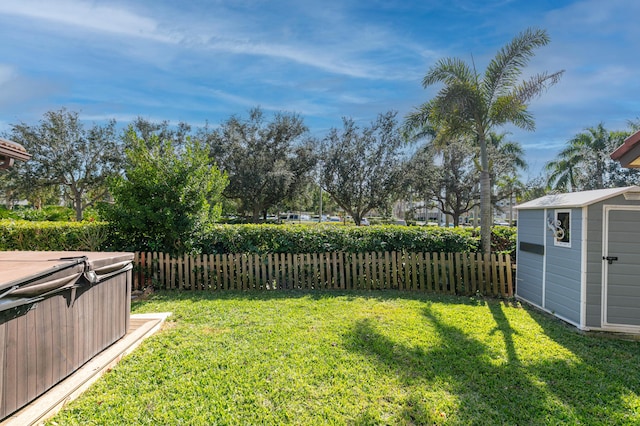 view of yard with a storage shed and a hot tub