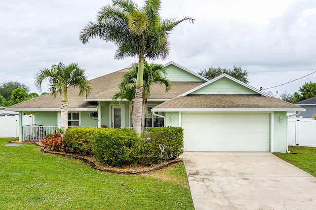 ranch-style house with covered porch, a garage, and a front yard