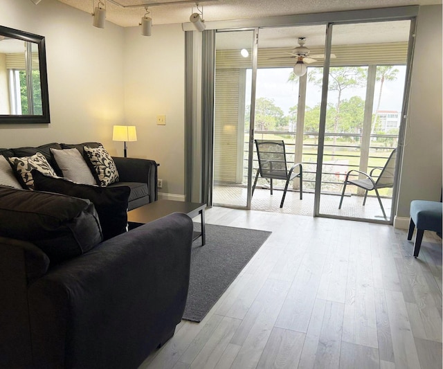 living room featuring light wood-type flooring, track lighting, a wealth of natural light, and ceiling fan