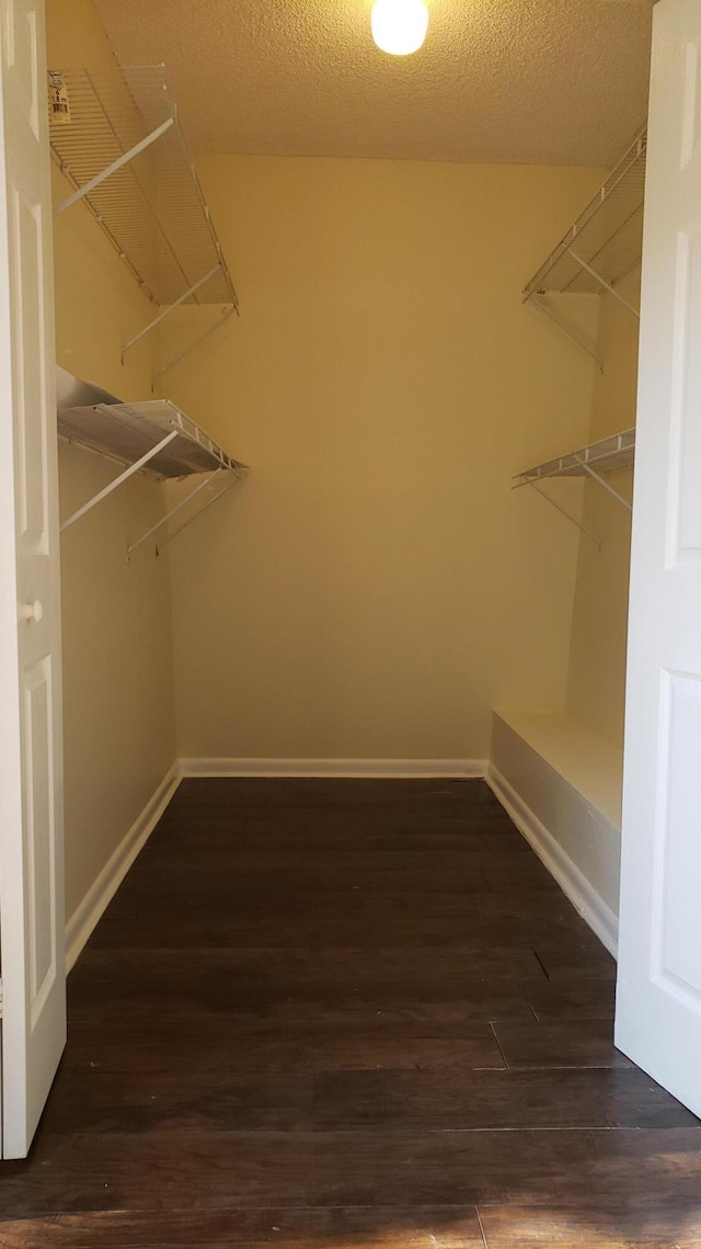 walk in closet with dark wood-type flooring