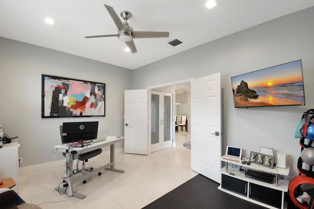 office with french doors and ceiling fan