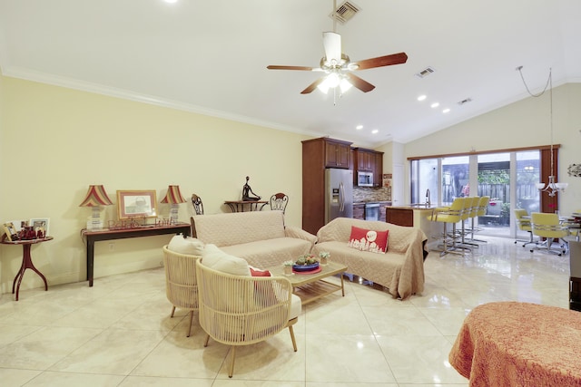 living room featuring ornamental molding, ceiling fan, sink, light tile patterned floors, and lofted ceiling