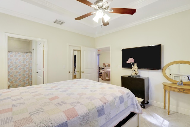 bedroom featuring ceiling fan and ornamental molding