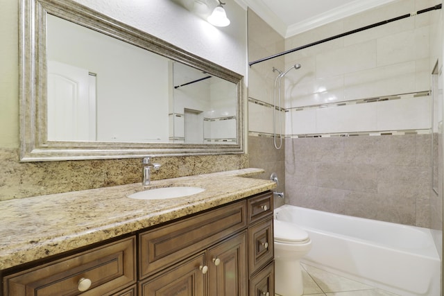 full bathroom with shower / bath combination, tasteful backsplash, ornamental molding, vanity, and toilet