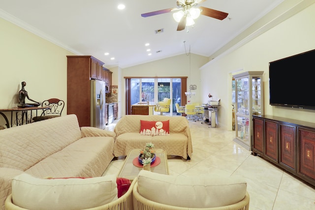 living room with ceiling fan, light tile patterned flooring, lofted ceiling, and ornamental molding