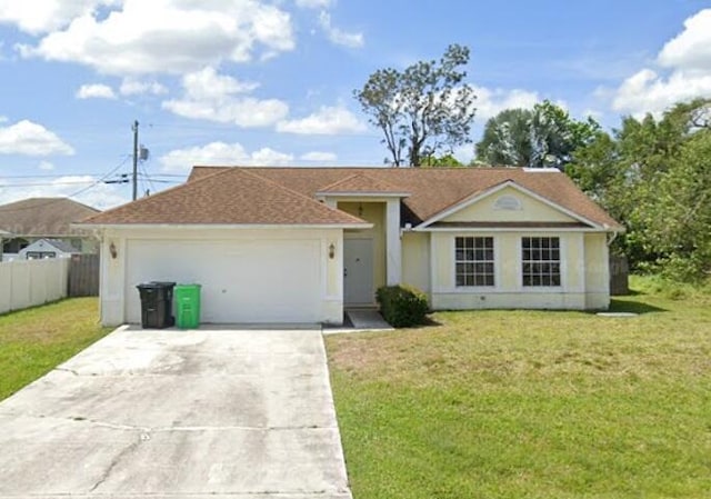 single story home featuring a garage and a front lawn