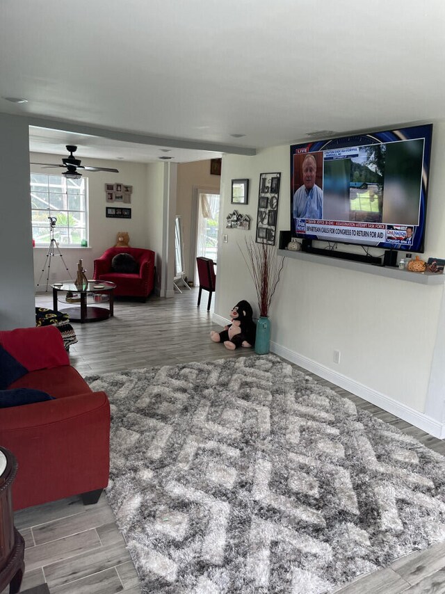 living room featuring wood-type flooring and ceiling fan