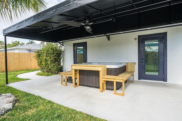 view of patio featuring a hot tub