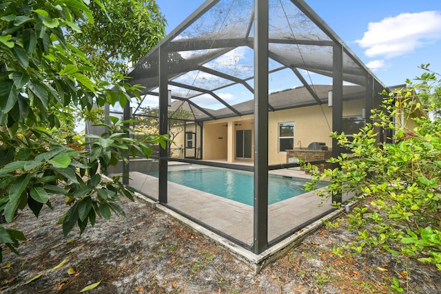 view of swimming pool featuring a patio area, ceiling fan, and a lanai