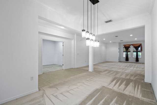 unfurnished dining area with light carpet and crown molding