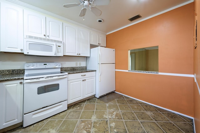 kitchen with white cabinets, ceiling fan, white appliances, and ornamental molding