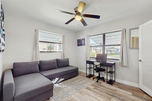 office featuring ceiling fan and light hardwood / wood-style flooring