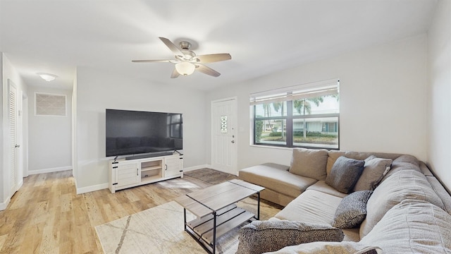 living room featuring ceiling fan and light wood-type flooring