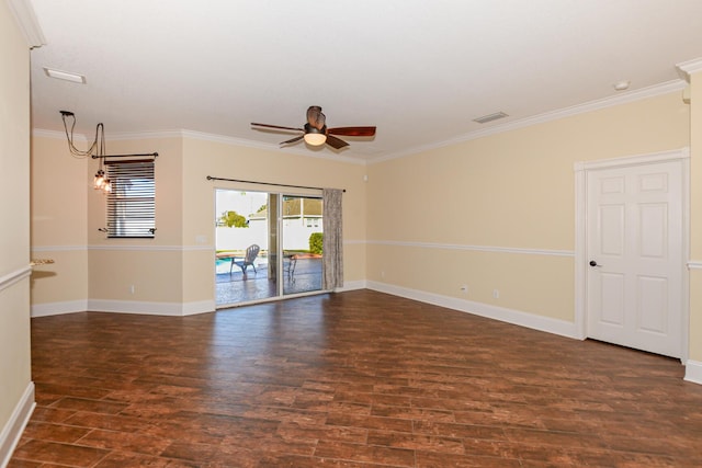 empty room with dark hardwood / wood-style floors, ceiling fan, and ornamental molding