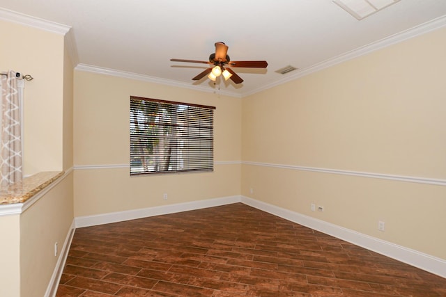 spare room with dark hardwood / wood-style floors, ceiling fan, and crown molding