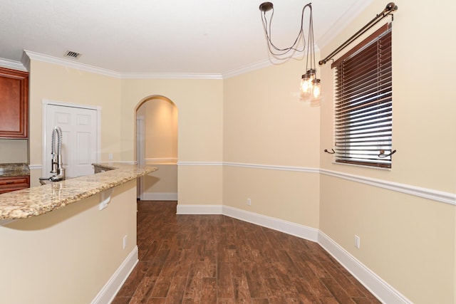 kitchen featuring light stone countertops, ornamental molding, dark wood-type flooring, decorative light fixtures, and a chandelier