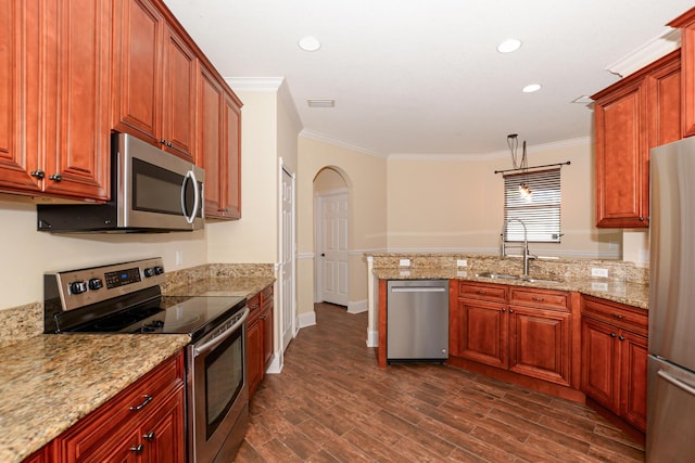 kitchen with light stone countertops, dark hardwood / wood-style flooring, stainless steel appliances, crown molding, and sink