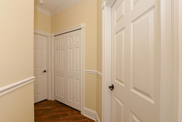 hallway featuring dark hardwood / wood-style floors and ornamental molding