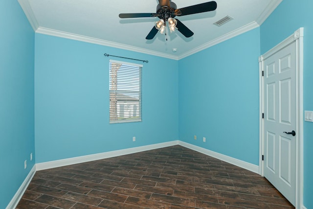 empty room with ceiling fan and ornamental molding