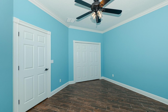 unfurnished bedroom with a closet, ceiling fan, and ornamental molding