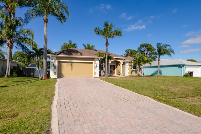 ranch-style home with a garage and a front yard