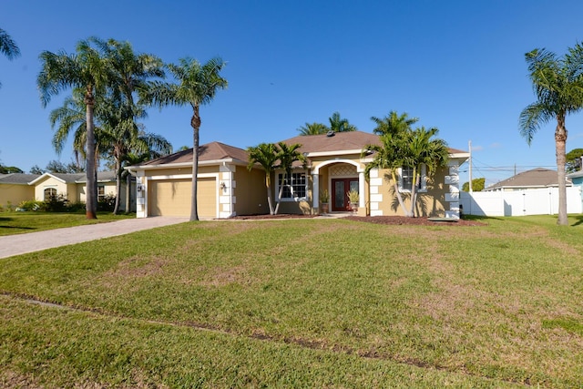 ranch-style house featuring a front yard and a garage