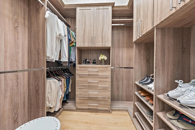 walk in closet with light hardwood / wood-style floors