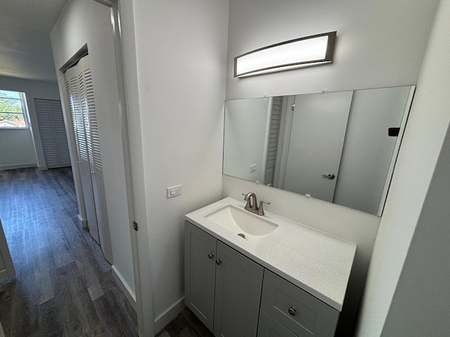 bathroom with wood-type flooring and vanity