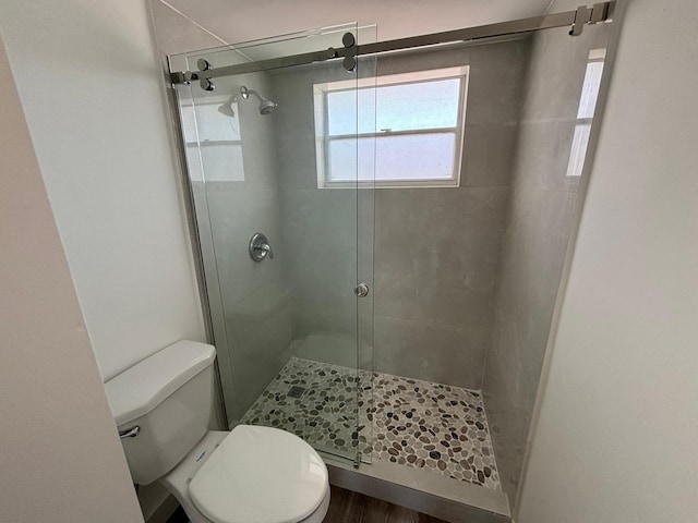 bathroom with wood-type flooring, toilet, and a shower with door