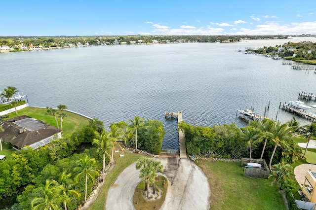 drone / aerial view featuring a water view