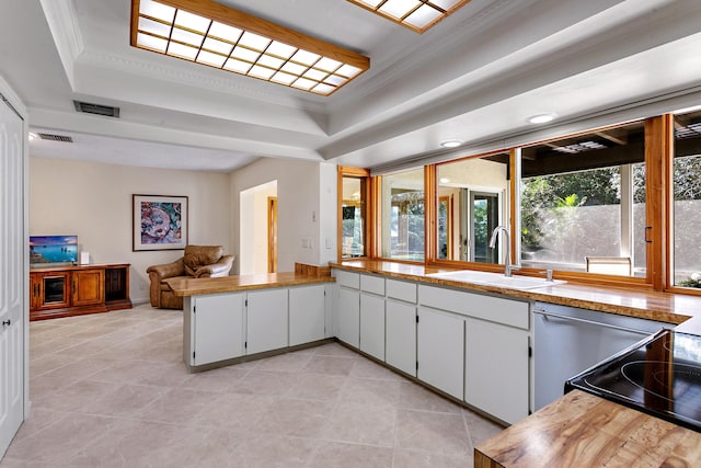 kitchen featuring a raised ceiling, sink, and white cabinets