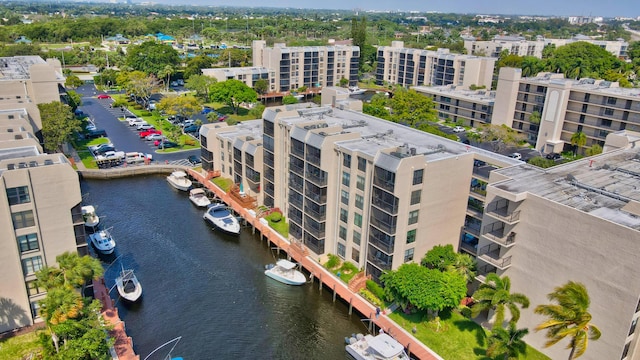 bird's eye view with a water view