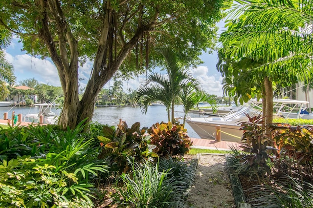 view of water feature with a boat dock