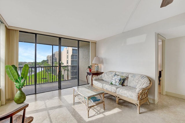 living room with a wall of windows