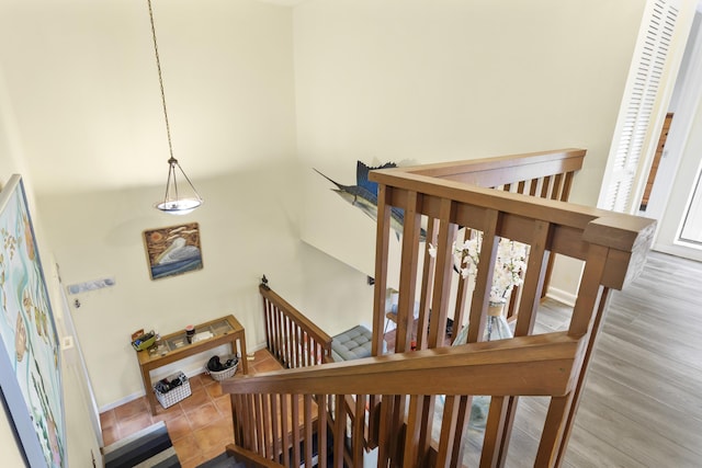 stairway with hardwood / wood-style floors